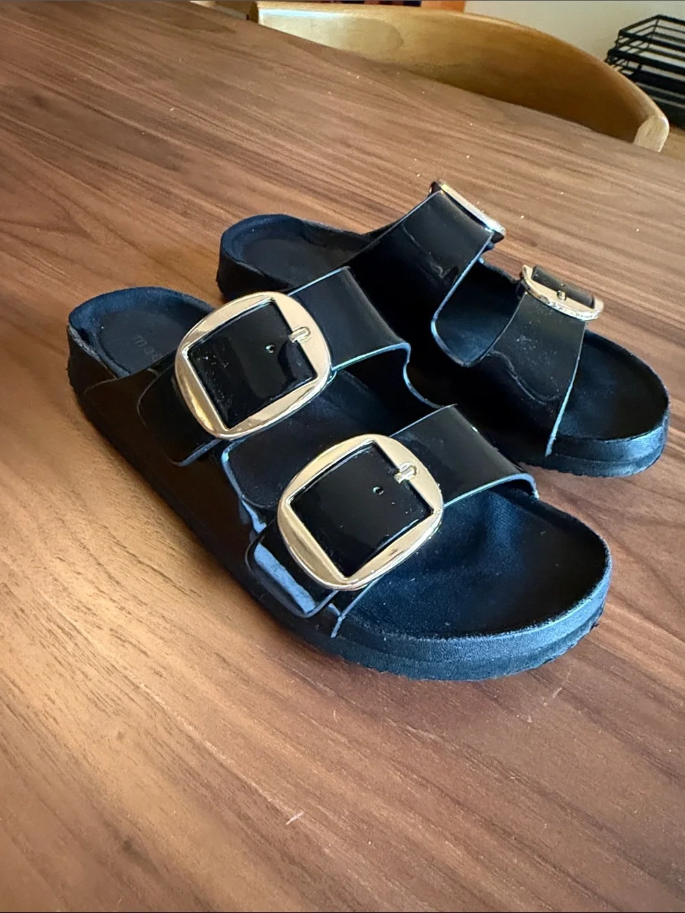 Madden Girl Black Patent Double-Buckle Slide Sandals